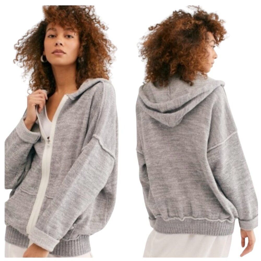 Free People Sz M In Bloom Knit Hoodie Sweater Gray White Oversized Full Zip Boho - Picture 4 of 15